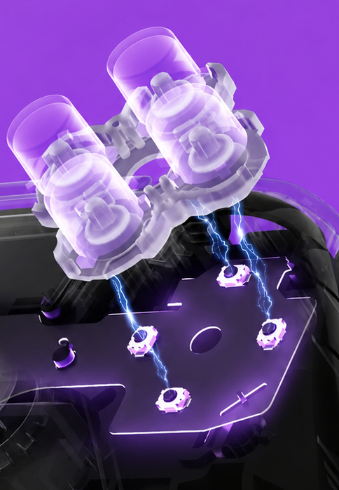 Close-up of a mechanical keyboard with transparent keycaps on a purple background